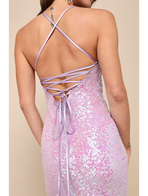 Lulus Glowing Praise Lilac Sequin Lace-Up Maxi Dress