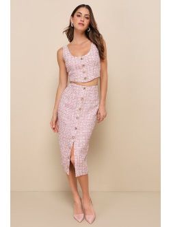 Charming Icon Pink Tweed Lurex Button-Front Midi Skirt
