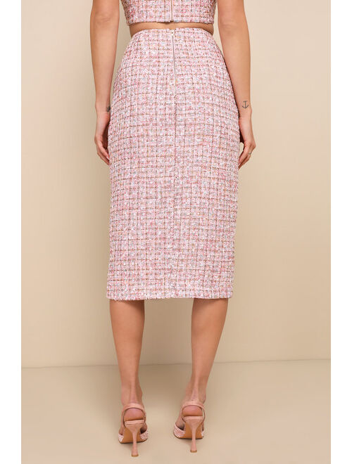 Lulus Charming Icon Pink Tweed Lurex Button-Front Midi Skirt