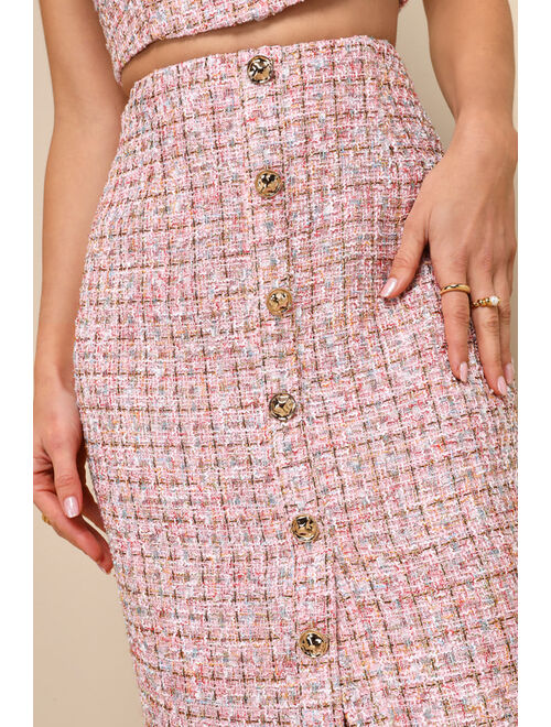 Lulus Charming Icon Pink Tweed Lurex Button-Front Midi Skirt
