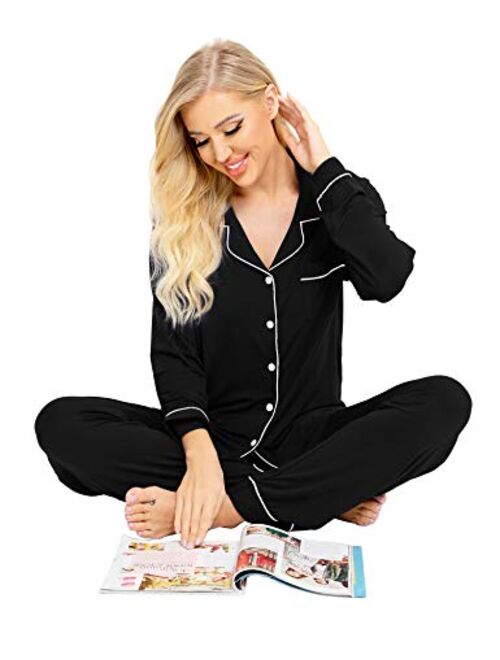 SWOMOG Womens Pajamas Set Long Sleeve Sleepwear Button Down Nightwear Soft Cotton Pj Lounge Sets