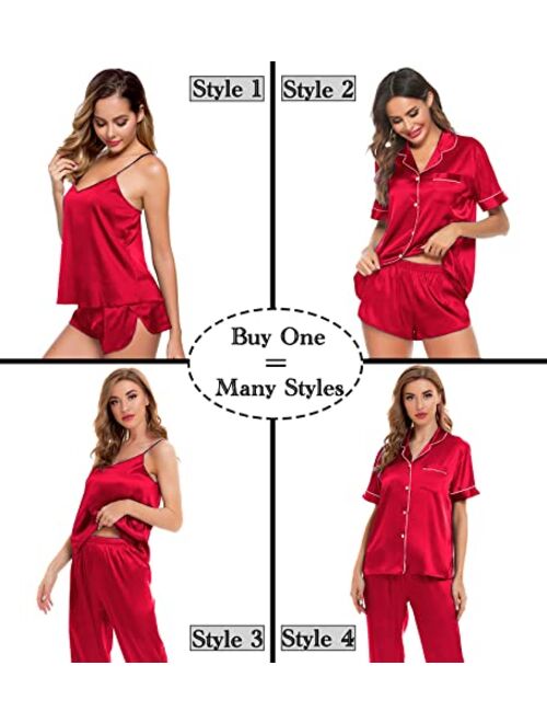 SWOMOG Womens 4pcs Pajamas Sets Silk Satin Sleepwear Sexy Cami with Button Down Short Sleeve Shirt Pjs Loungewear
