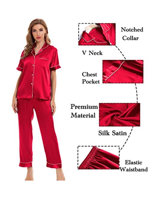 SWOMOG Womens 4pcs Pajamas Sets Silk Satin Sleepwear Sexy Cami with Button Down Short Sleeve Shirt Pjs Loungewear