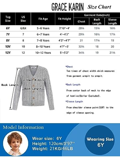 GRACE KARIN Boys Long Sleeve Cardigan Sweater Button Down Knit Cardigan with Pockets 5-12Y