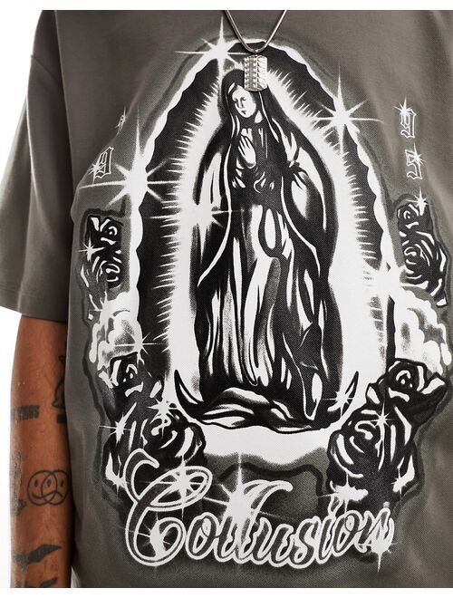 COLLUSION saint print t-shirt in charcoal