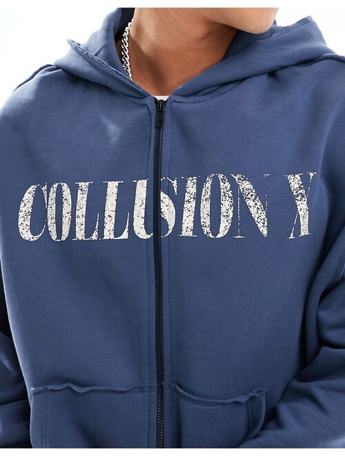 COLLUSION zip up logo hoodie in blue