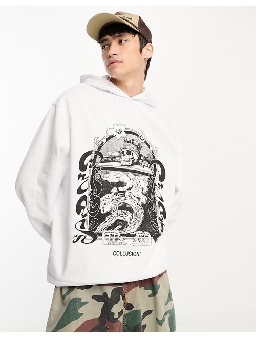 COLLUSION front print graphic hoodie in white