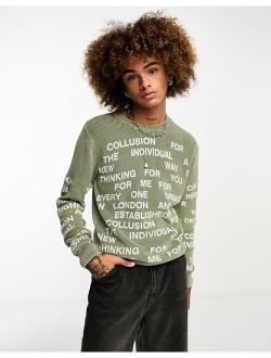 acid wash text sweater in sage green