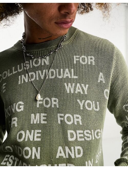 COLLUSION acid wash text sweater in sage green