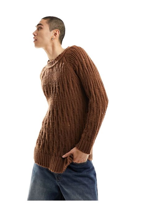 COLLUSION knit laddered crew neck sweater in brown