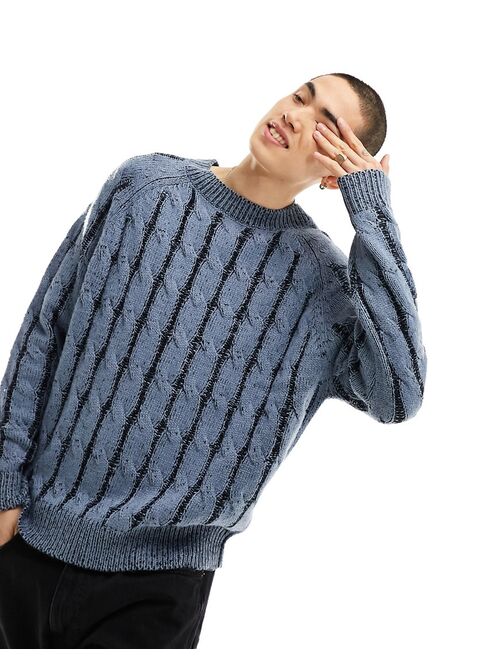 COLLUSION cable knit plated crew neck knitted sweater in blue