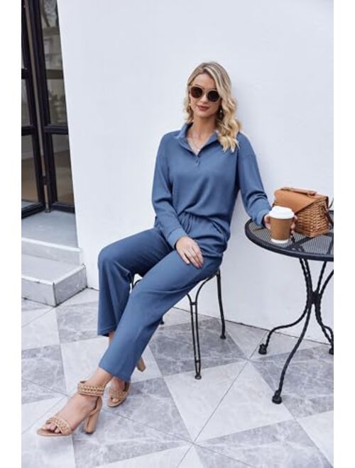 Ekouaer Waffle Knit Pajamas Set for Women 2 Piece Outfits Long Sleeve Button Top and Wide Leg Pant with Pockets Loungewear