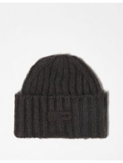 Unisex brushed beanie with branding in chocolate