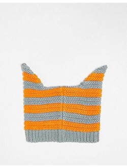 Unisex novelty beanie with ears in orange and gray stripe