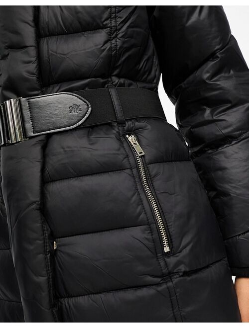 River Island maxi belted puffer with faux fur hood in black