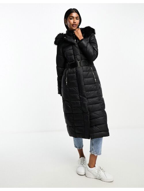 River Island maxi belted puffer with faux fur hood in black