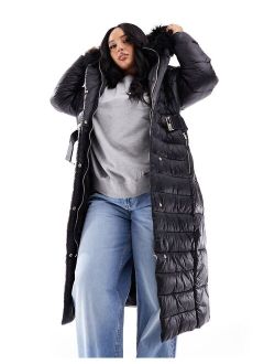 Plus maxi belted puffer with faux fur hood in black