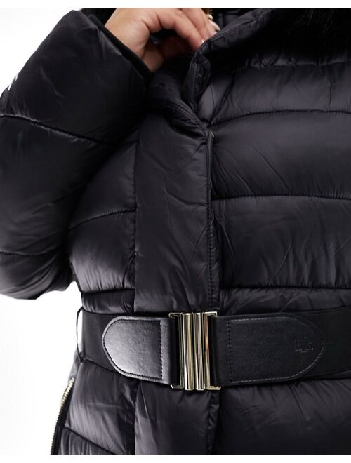 River Island Plus maxi belted puffer with faux fur hood in black