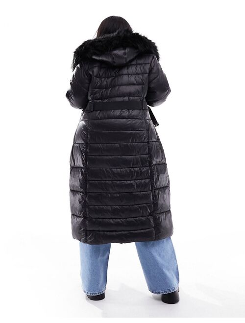 River Island Plus maxi belted puffer with faux fur hood in black