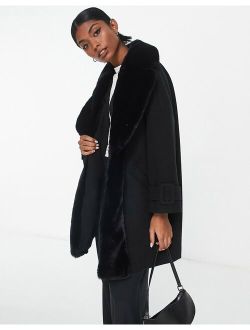 faux fur swing coat in black