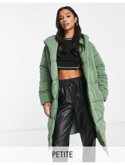 Petite shawl collar padded coat in khaki