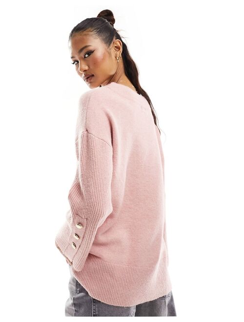River Island v-neck fine knit sweater in light pink