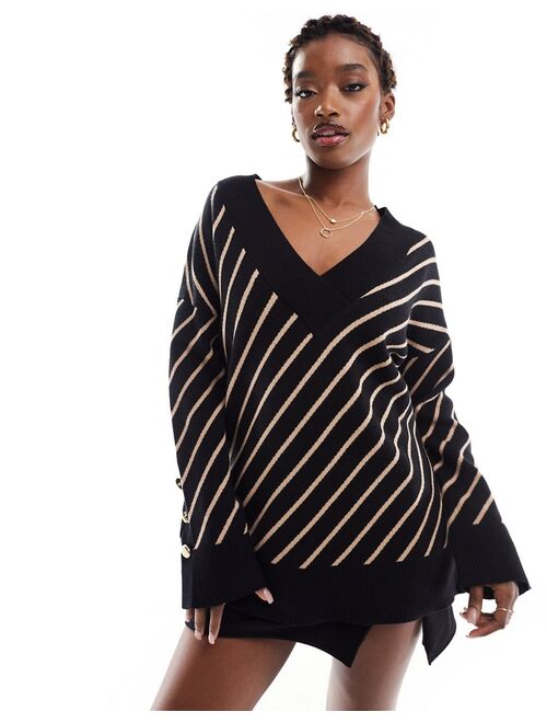 River Island stripe v-neck sweater in black