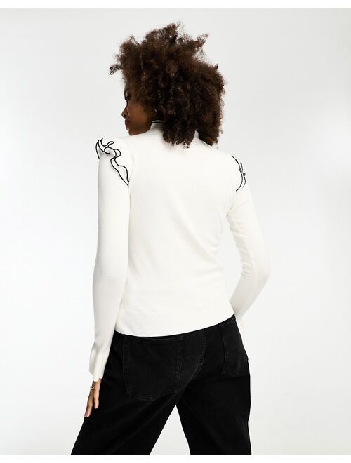 River Island frill sleeve sweater with black contrast trim in white