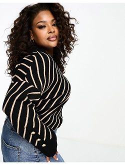 Plus v-neck stripe sweater in black and white