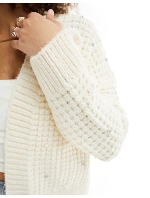 River Island cable knit chunky cardigan with embellishment in cream