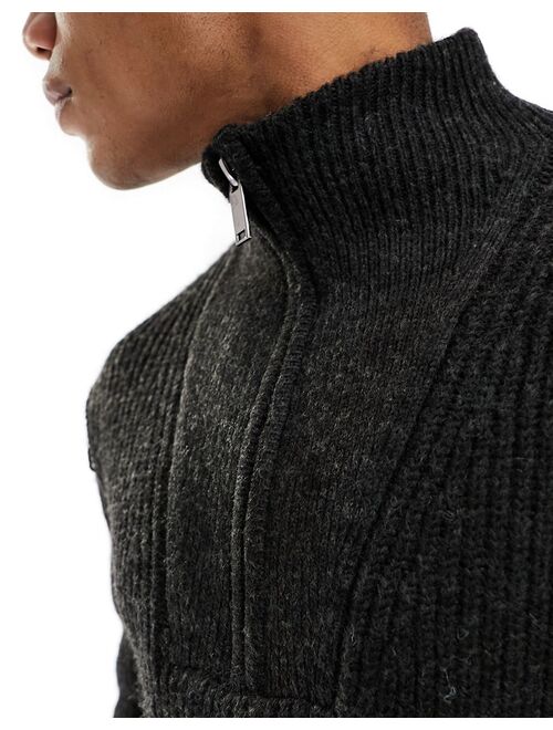 River Island ribbed half zip sweater in dark gray