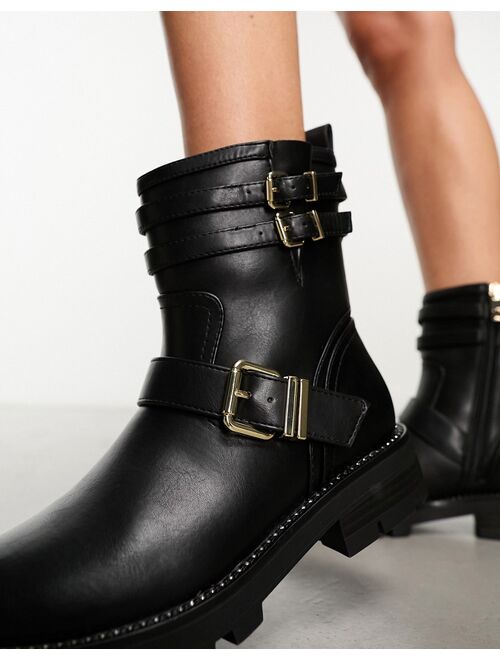 River Island buckled biker boot in black