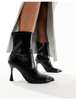 heeled ankle boot with studded toe in black