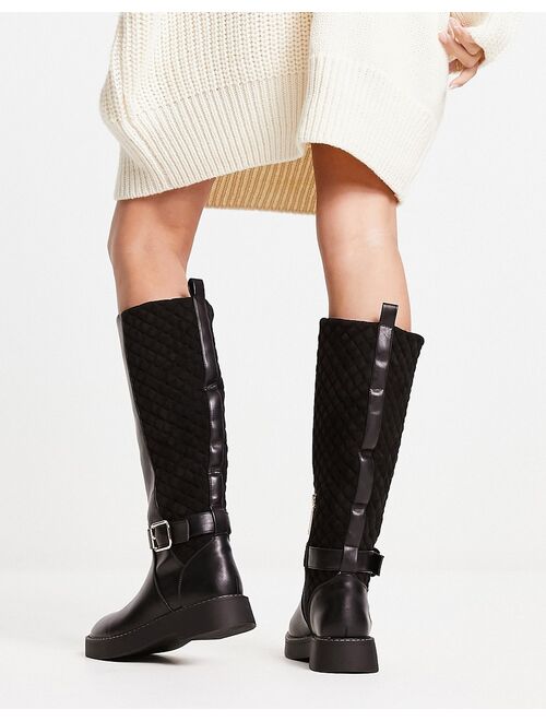 River Island quilted buckle high leg boot in black