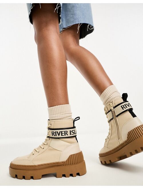 River Island canvas boot with logo in beige