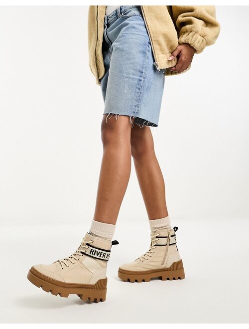 River Island canvas boot with logo in beige