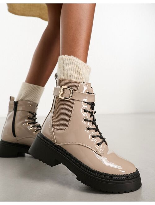 River Island lace up buckle boot in dark beige
