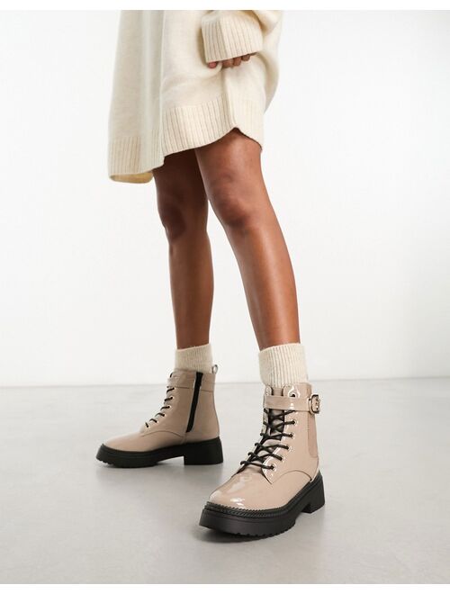 River Island lace up buckle boot in dark beige