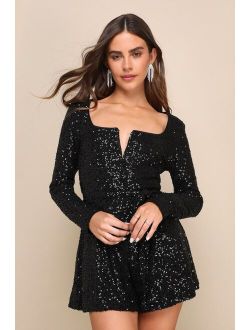 Cue the Shine Black Sequin Long Sleeve Romper