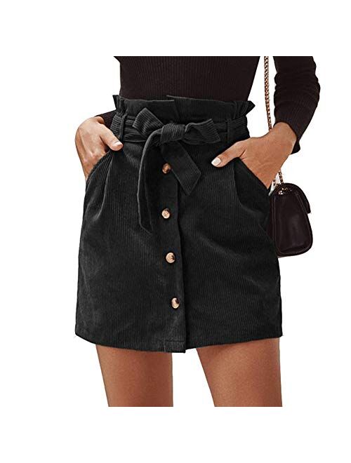 Susupeng Women Paperbag High Waist Elastic Belted Corduroy Button Front with Pockets Short Mini Skirt