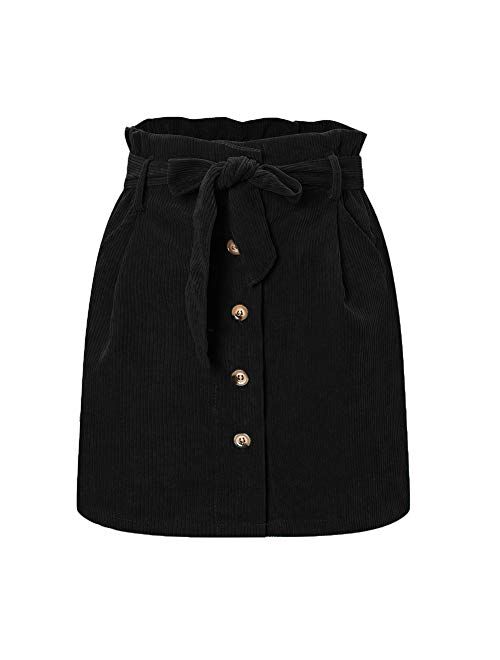Susupeng Women Paperbag High Waist Elastic Belted Corduroy Button Front with Pockets Short Mini Skirt