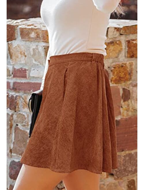 HERBATOMIA Womens Button Front Mini Skirt A-line Pleated Corduroy Skater Skirts for Women with Pocket
