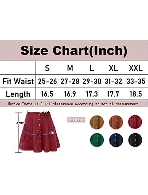HERBATOMIA Womens Button Front Mini Skirt A-line Pleated Corduroy Skater Skirts for Women with Pocket