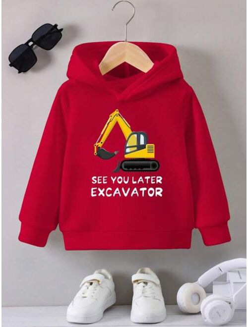 Shein Baby Boys' Slogan Printed Excavator Patterned Hooded Sweatshirt With Fleece Lining