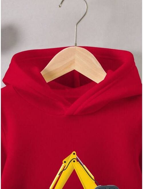 Shein Baby Boys' Slogan Printed Excavator Patterned Hooded Sweatshirt With Fleece Lining