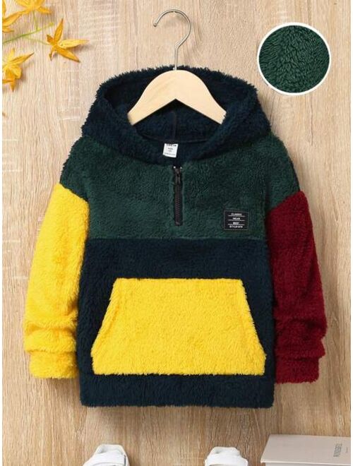 SHEIN Young Boy Casual Loose Fit Colorblock Kangaroo Pocket Hoodie With Letter Patchwork And Drop Shoulder For Autumn And Winter