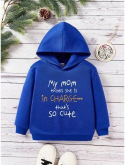Shein Young Boy Hooded Sweatshirt With Round Neck, Long Sleeves, Slogan Print, And Thermal Lining