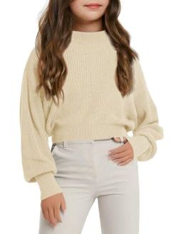 Haloumoning Girls Knit Pullover Sweaters Mock Neck Long Lantern Sleeve Jumper Tops 5-14 Years