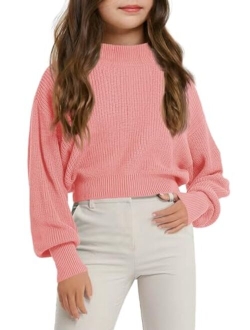 Haloumoning Girls Knit Pullover Sweaters Mock Neck Long Lantern Sleeve Jumper Tops 5-14 Years