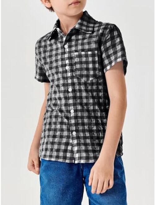Haloumoning Boys' Casual Plaid Short Sleeve Button Down Shirts Kids Cotton Top with Chest Pocket 5-14Y